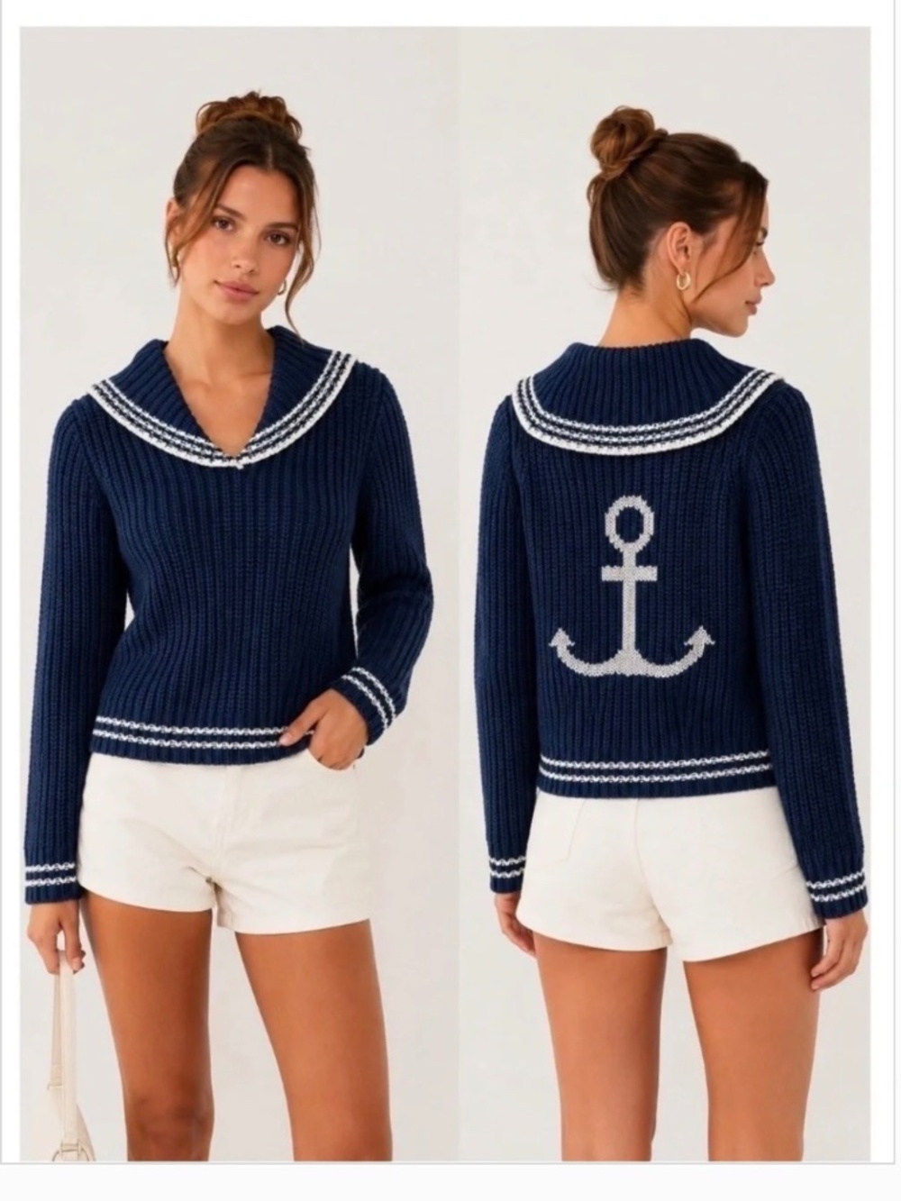 Marled Navy Blue Nautical Anchor Sailor Chunky Knit Cotton Sweater